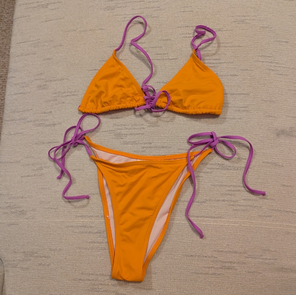 Collusion Bikini Set Womens, Orange Purple Contrast Tie Triangle Swim